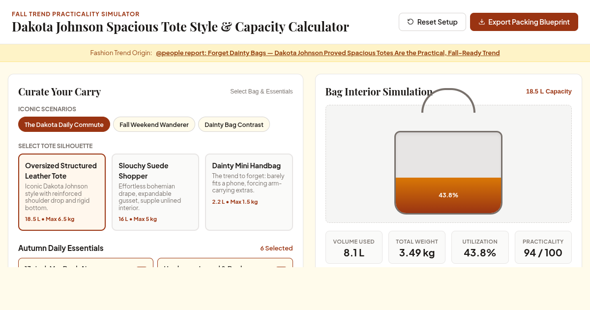 Dakota Johnson Spacious Tote Style & Capacity Calculator preview