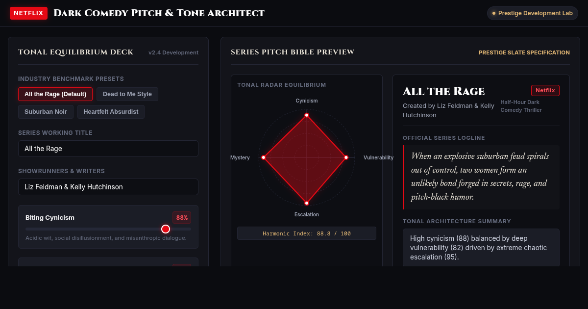 Dark Comedy Pitch & Tone Architect | All the Rage Series Bible preview