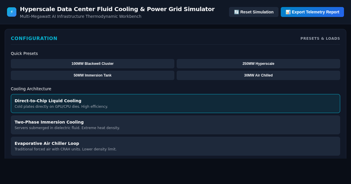 Hyperscale Data Center Fluid Cooling & Power Grid Simulator preview