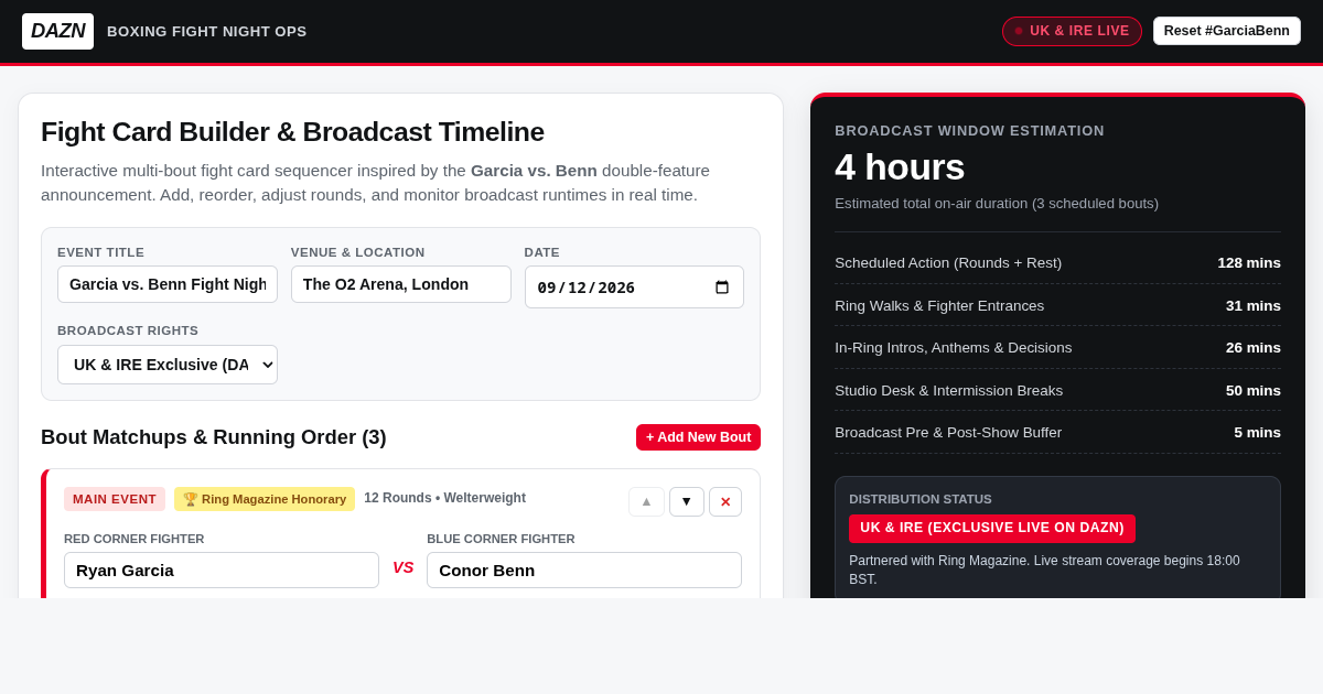 DAZN Boxing Fight Card Builder & Broadcast Schedule Planner preview