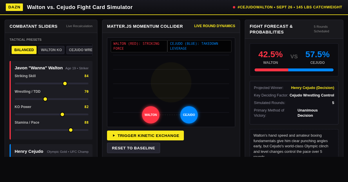 DAZN Boxing Fight Card Matchup & Odds Simulator: Walton vs Cejudo preview