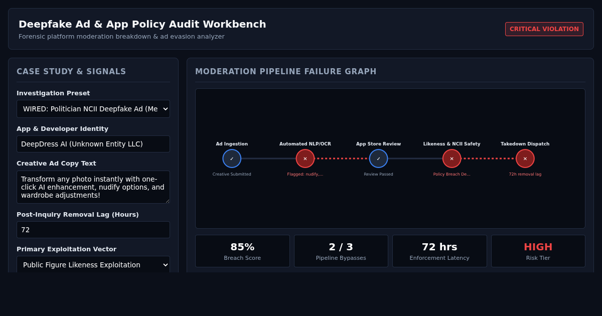 Deepfake Ad & App Policy Audit Workbench preview