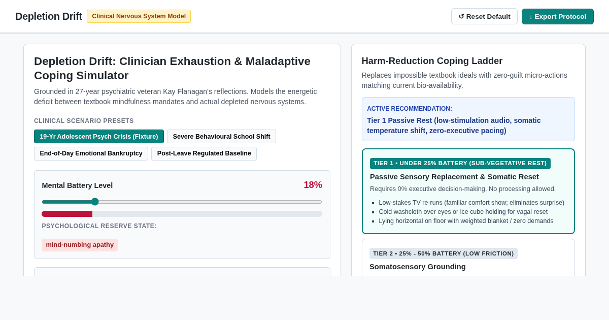 Depletion Drift: Clinician Exhaustion & Maladaptive Coping Simulator preview