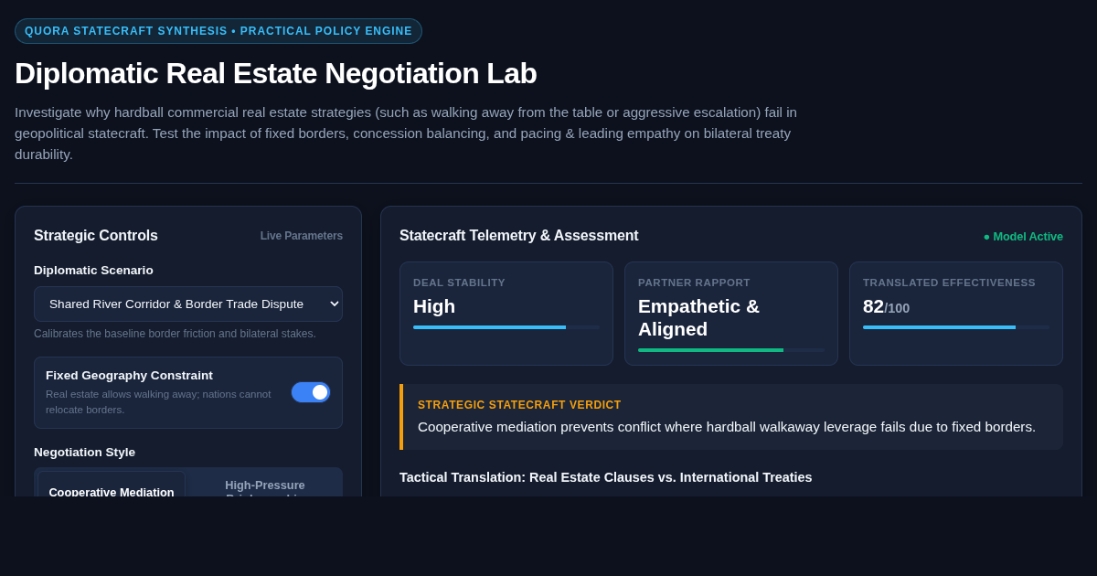 Diplomatic Real Estate Negotiation Lab | Strategy & Leverage Simulator preview