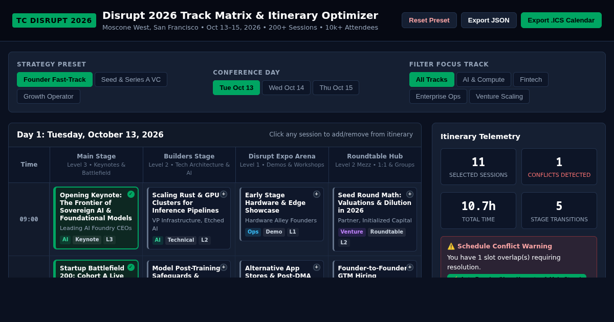 Disrupt 2026 Track Matrix & Itinerary Optimizer preview