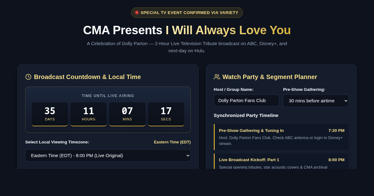 Dolly Parton Live TV Tribute Schedule & Broadcast Window Planner preview