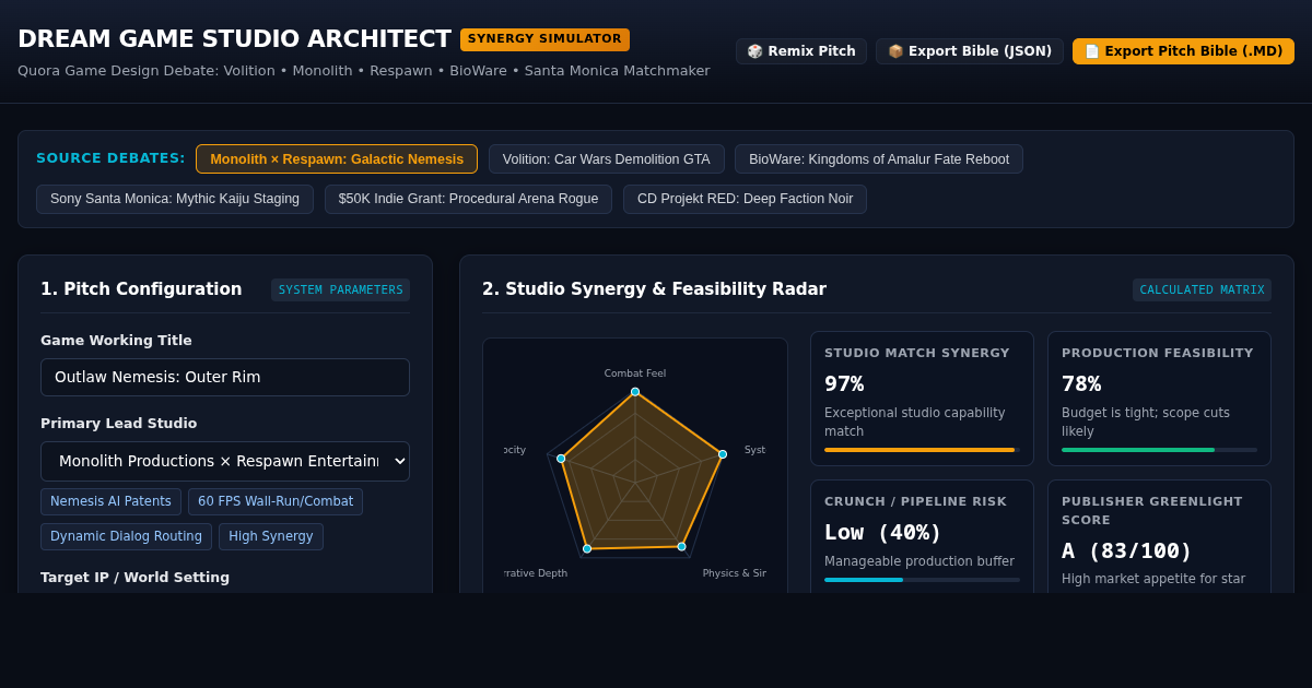 Dream Game Studio Pitch Architect & Synergy Simulator preview