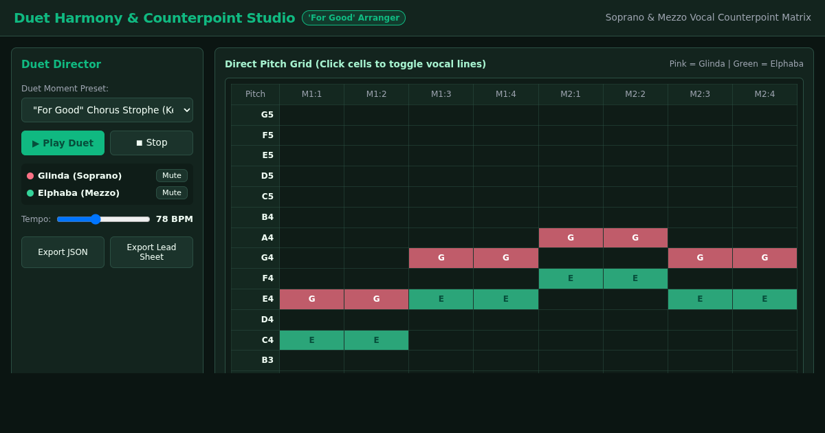 Duet Harmony & Counterpoint Studio: 'For Good' Vocal Arranger preview