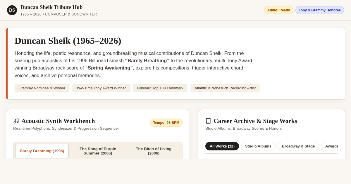 Duncan Sheik Discography & Stage Tribute Hub preview