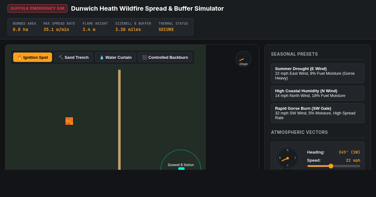 Dunwich Heath Wildfire Spread & Buffer Simulator preview