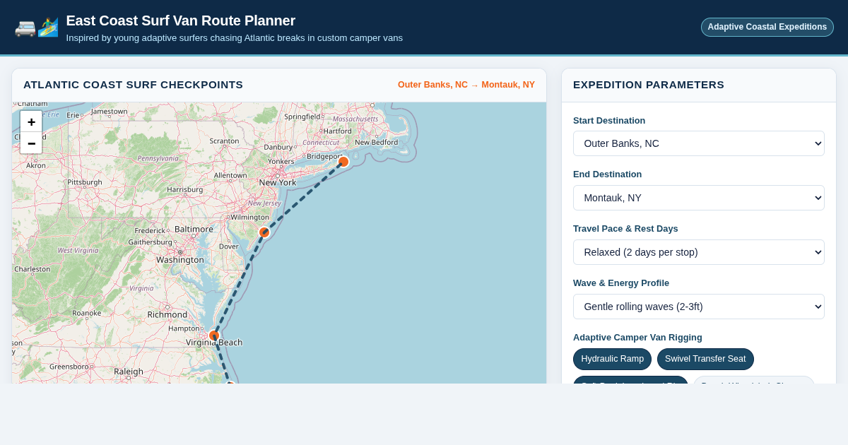 East Coast Surf Van Route Planner | Adaptive Surfing & Coastal Map preview