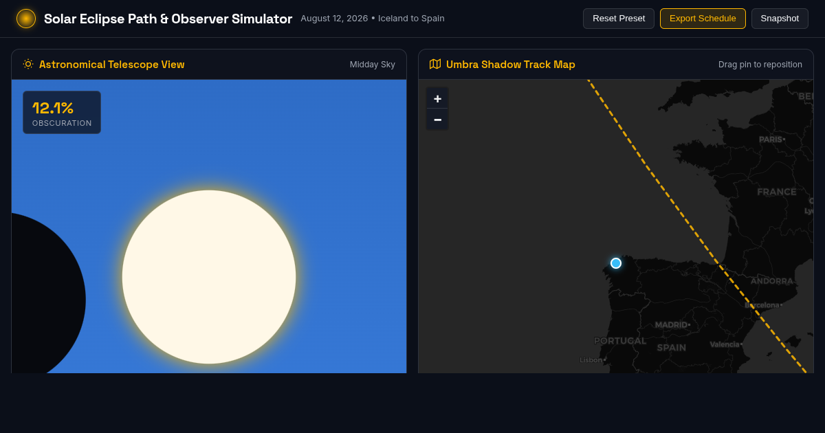 Solar Eclipse Path & Observer Simulator: Iceland to Spain preview