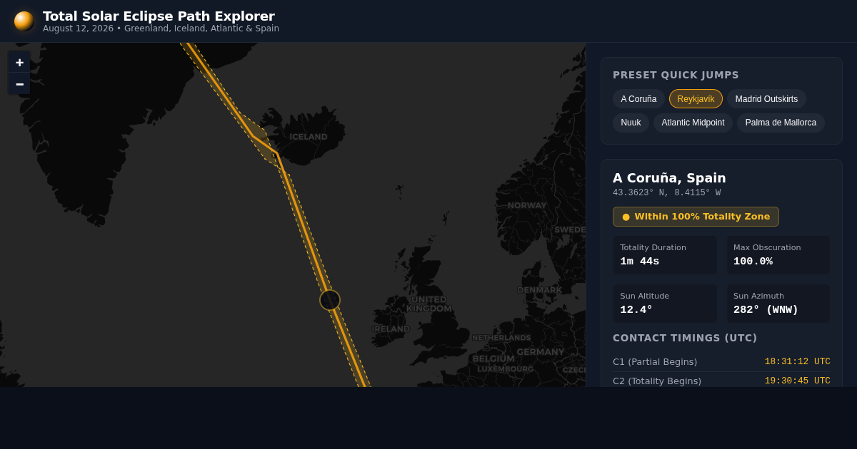 Total Solar Eclipse Path Explorer & Totality Calculator preview