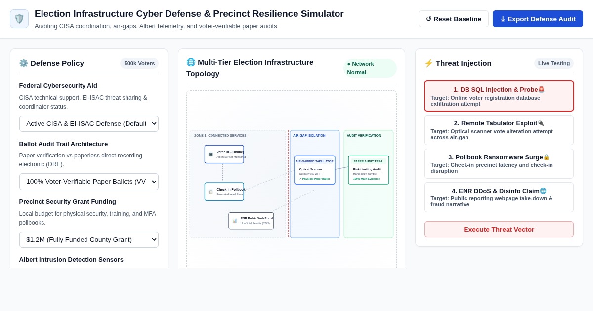 Election Infrastructure Cyber Defense & Precinct Resilience Simulator preview