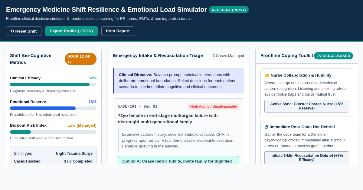 Emergency Medicine Shift Resilience & Emotional Load Simulator preview