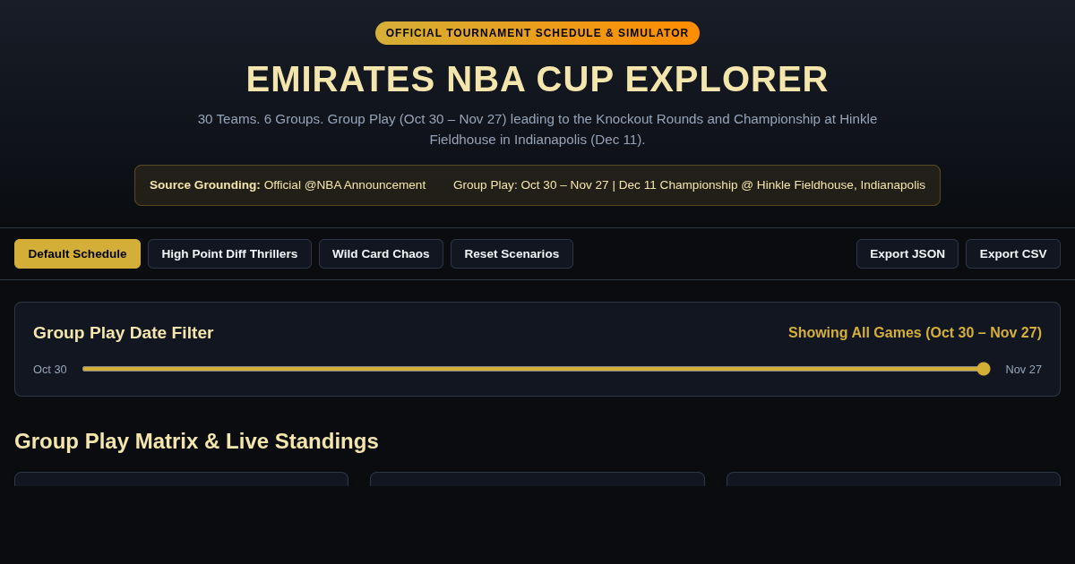 Emirates NBA Cup Schedule & Standings Explorer preview