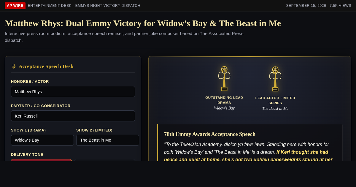 Matthew Rhys: Dual Emmy Victory for Widow's Bay & The Beast in Me preview