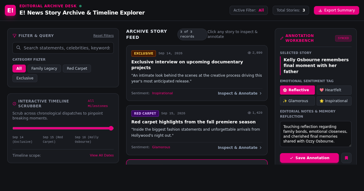 E! News Story Archive & Timeline Explorer preview