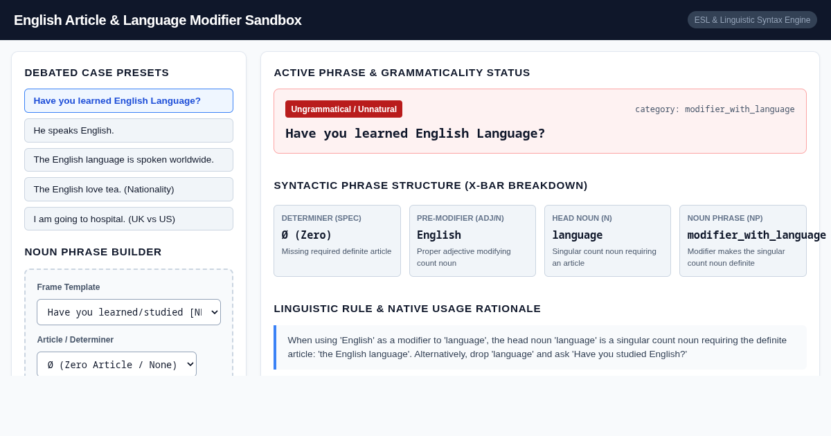 English Article & Language Modifier Sandbox preview