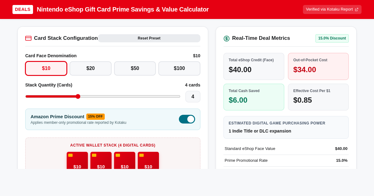 Nintendo eShop Gift Card Prime Savings & Value Calculator preview