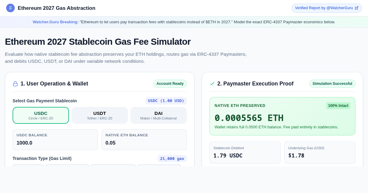 Ethereum 2027 Stablecoin Gas Fee Simulator | Pay Gas in USDC, USDT, DAI preview