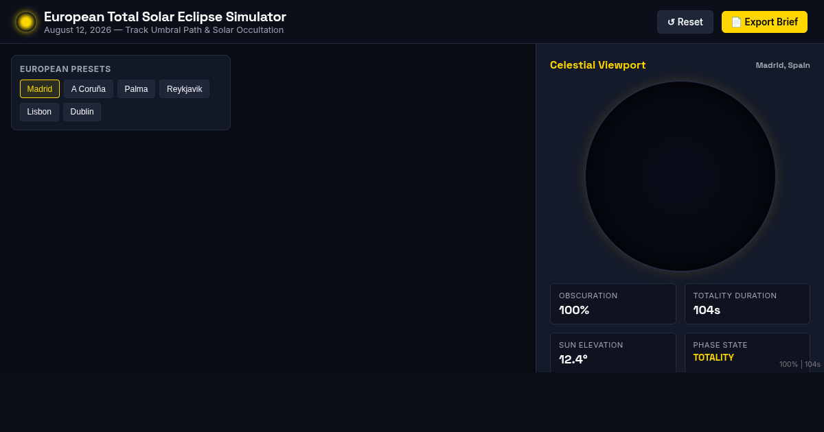 European Total Solar Eclipse Path & Visibility Simulator — August 12, 2026 preview