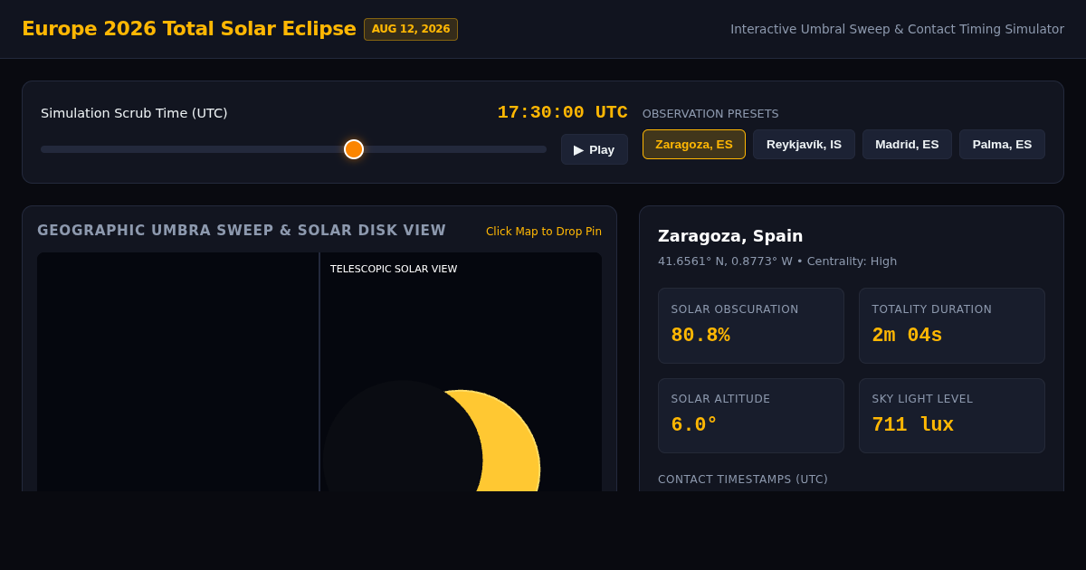 Europe 2026 Total Solar Eclipse Path & Timing Simulator preview