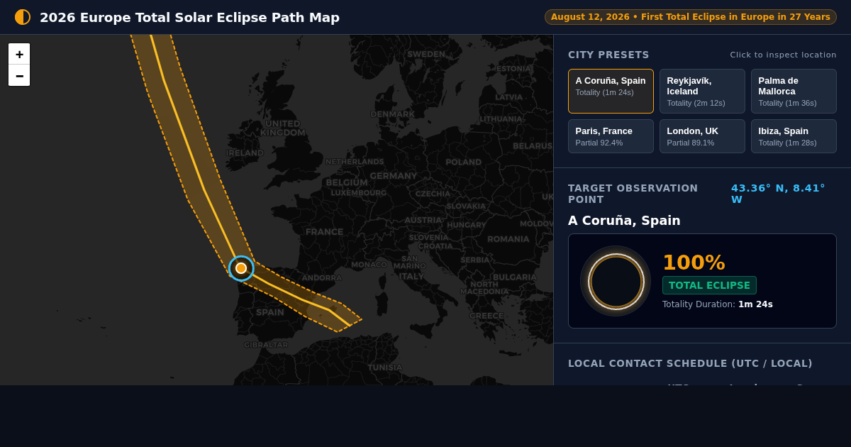 2026 Europe Total Solar Eclipse Path Map & Local Contact Calculator preview