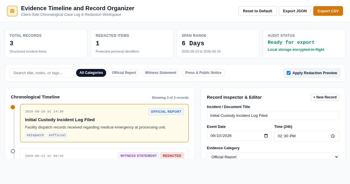 Evidence Timeline and Record Organizer preview