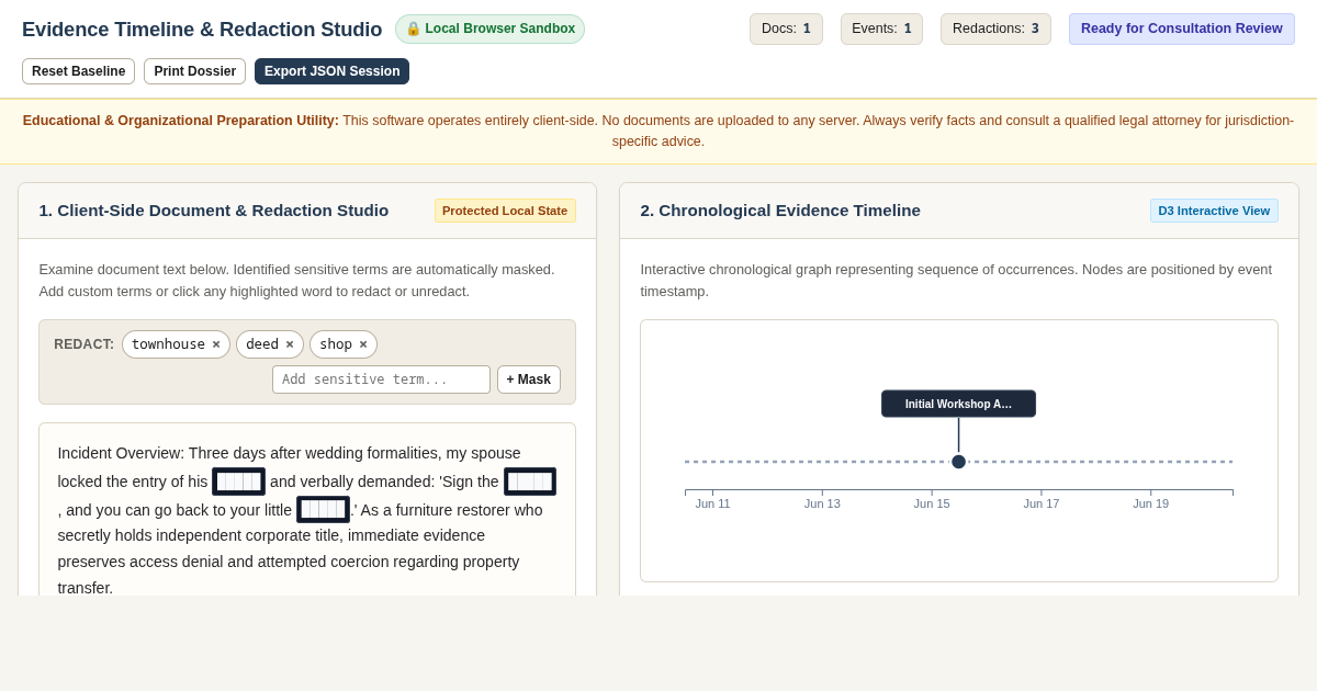 Evidence Timeline & Document Redaction Studio preview