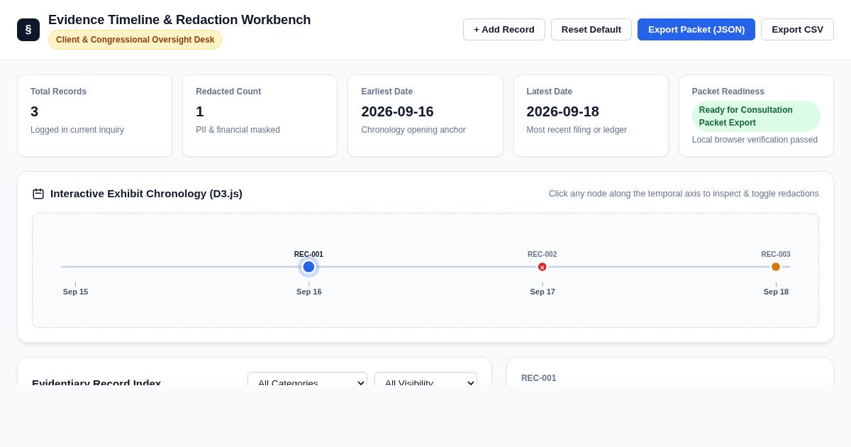 Evidence Timeline & Redaction Workbench preview