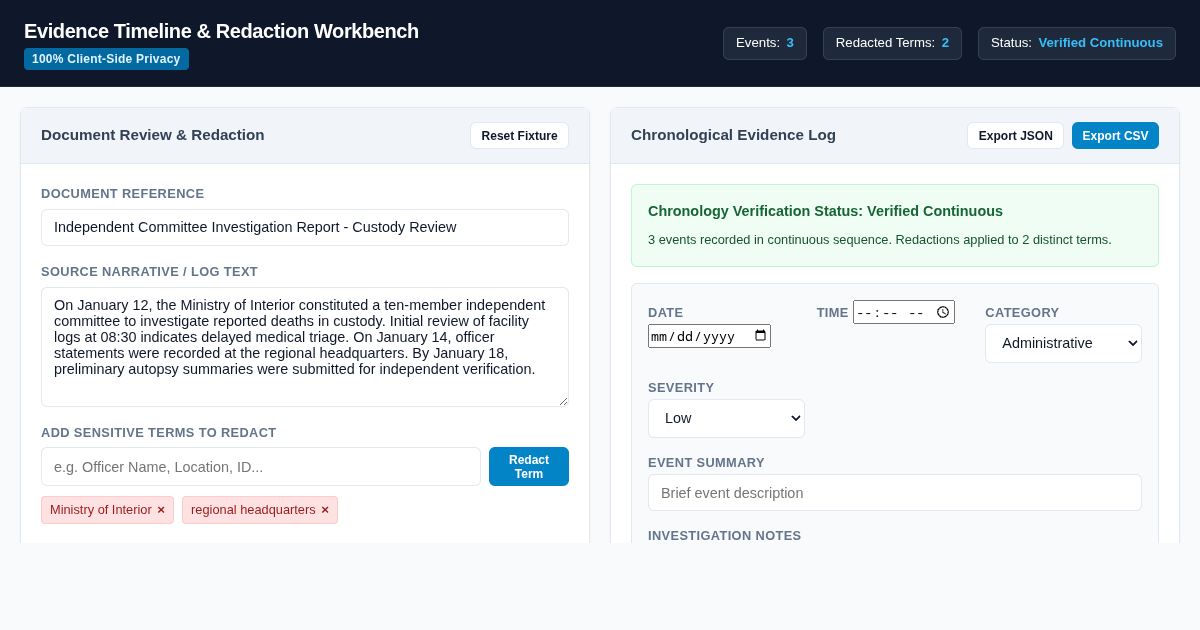 Evidence Timeline & Document Redaction Workbench preview