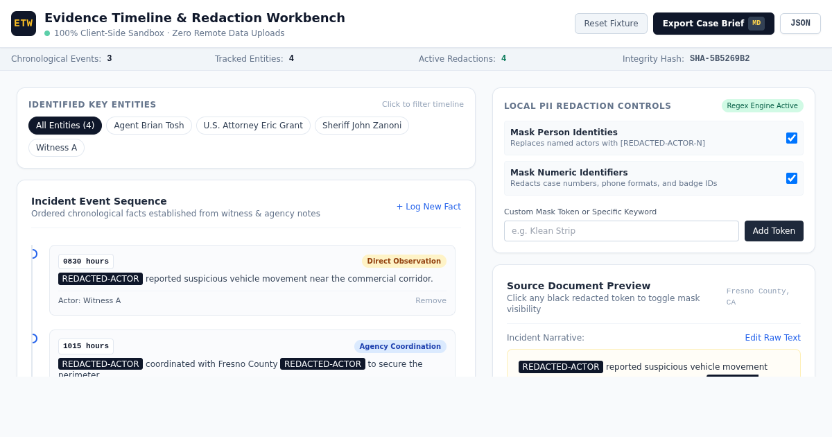 Evidence Timeline and Document Redaction Workbench preview
