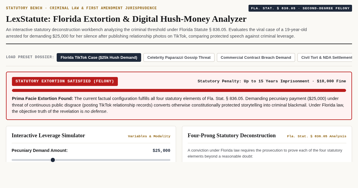 LexStatute: Florida Extortion & Digital Hush-Money Analyzer (Fla. Stat. § 836.05) preview