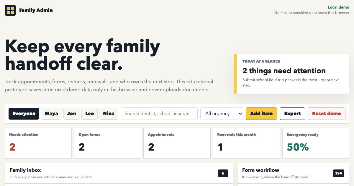 Family Admin Command Center | Tasks, Forms, Records, and Readiness preview
