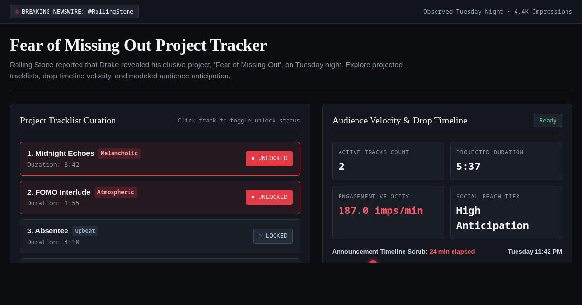 Fear of Missing Out — Drake Project Tracker & Timeline Explorer preview