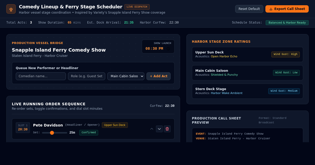 Comedy Show Lineup & Ferry Stage Setlist Scheduler preview