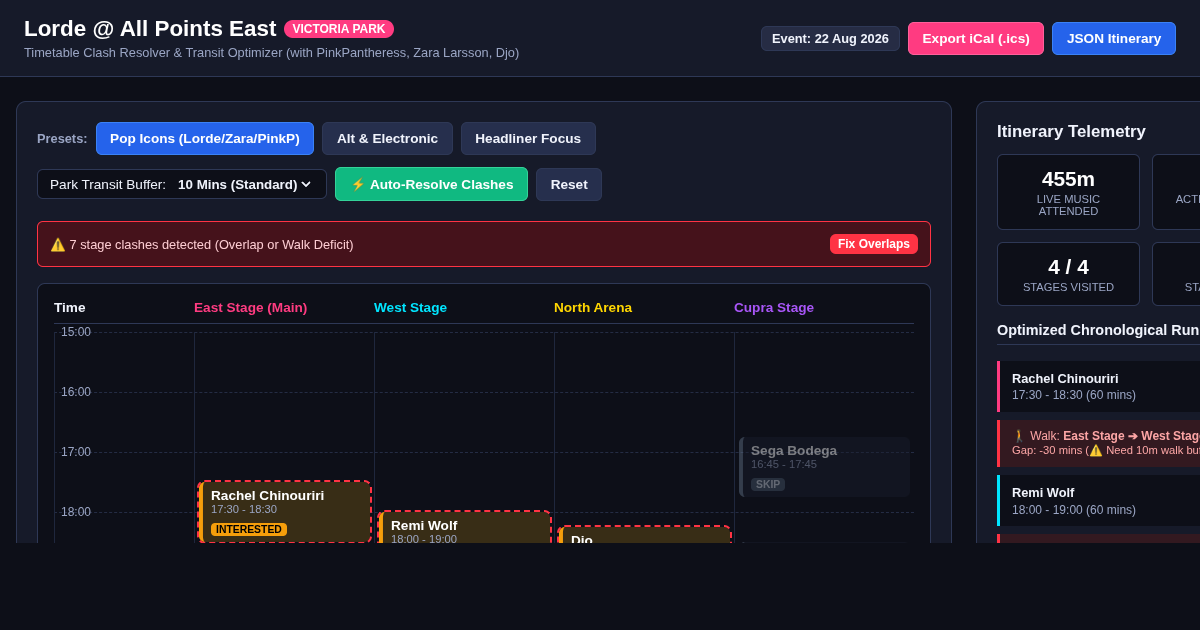 Festival Clash Planner: Lorde All Points East Timetable Optimizer preview