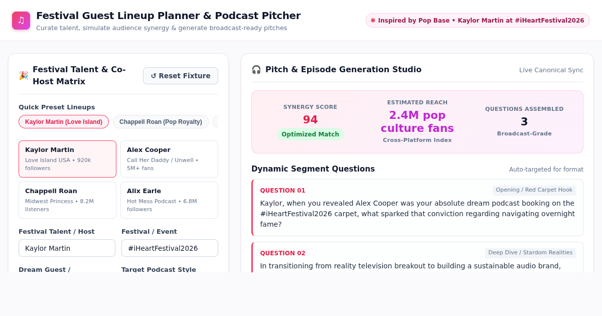 Festival Guest Lineup Planner & Podcast Episode Pitcher preview