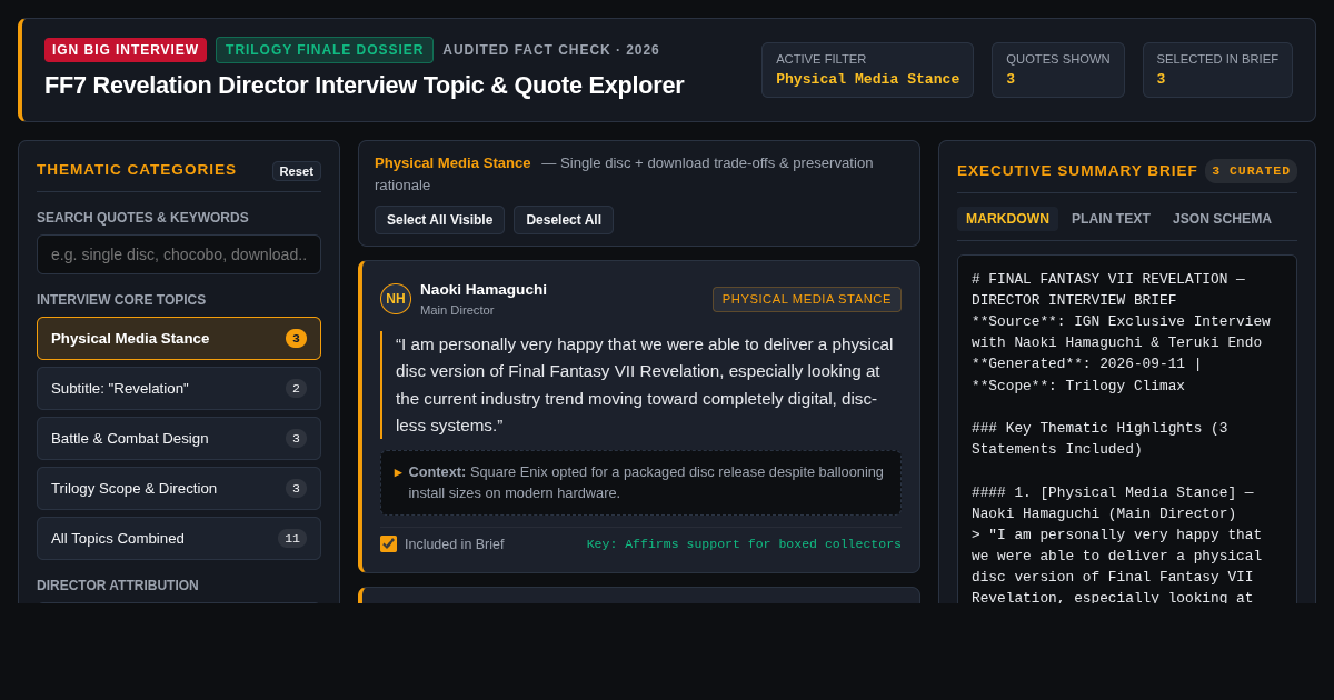 FF7 Revelation Director Interview Topic & Quote Explorer preview