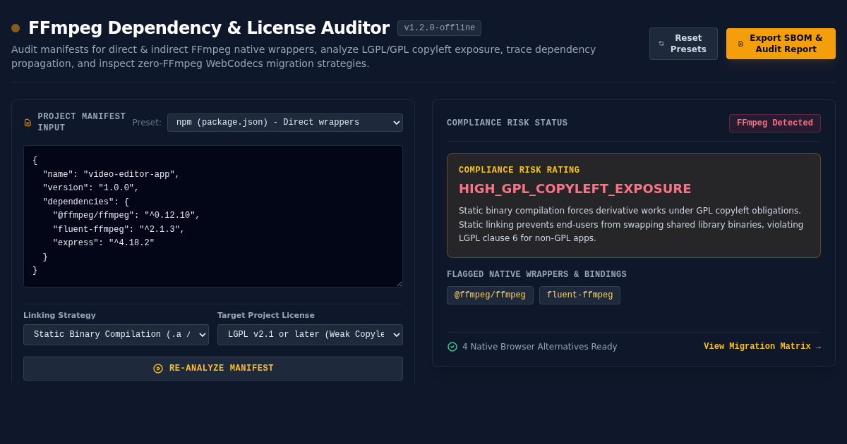 FFmpeg Open Source Dependency & License Auditor preview