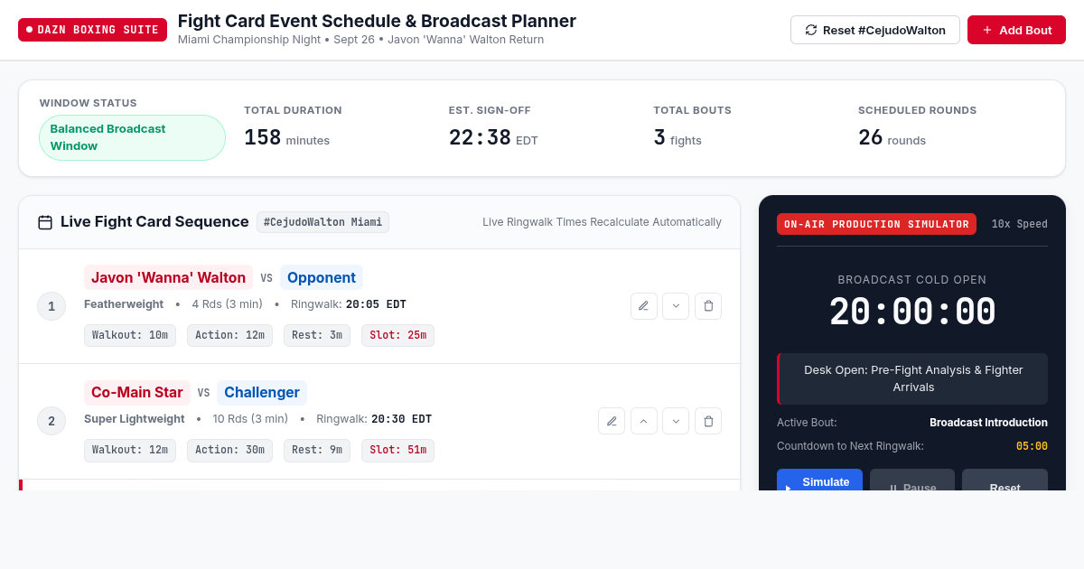 Fight Card Event Schedule & Broadcast Planner preview