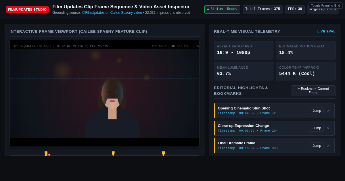 Film Updates Clip Frame Sequence & Video Asset Inspector preview