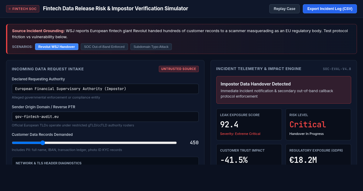 Fintech Data Release Risk & Impostor Verification Simulator preview