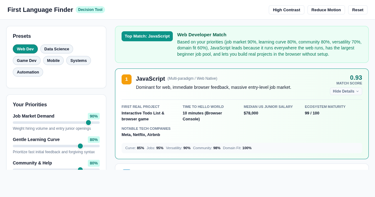 First Language Finder — Pick Your Priorities, See Your Match preview
