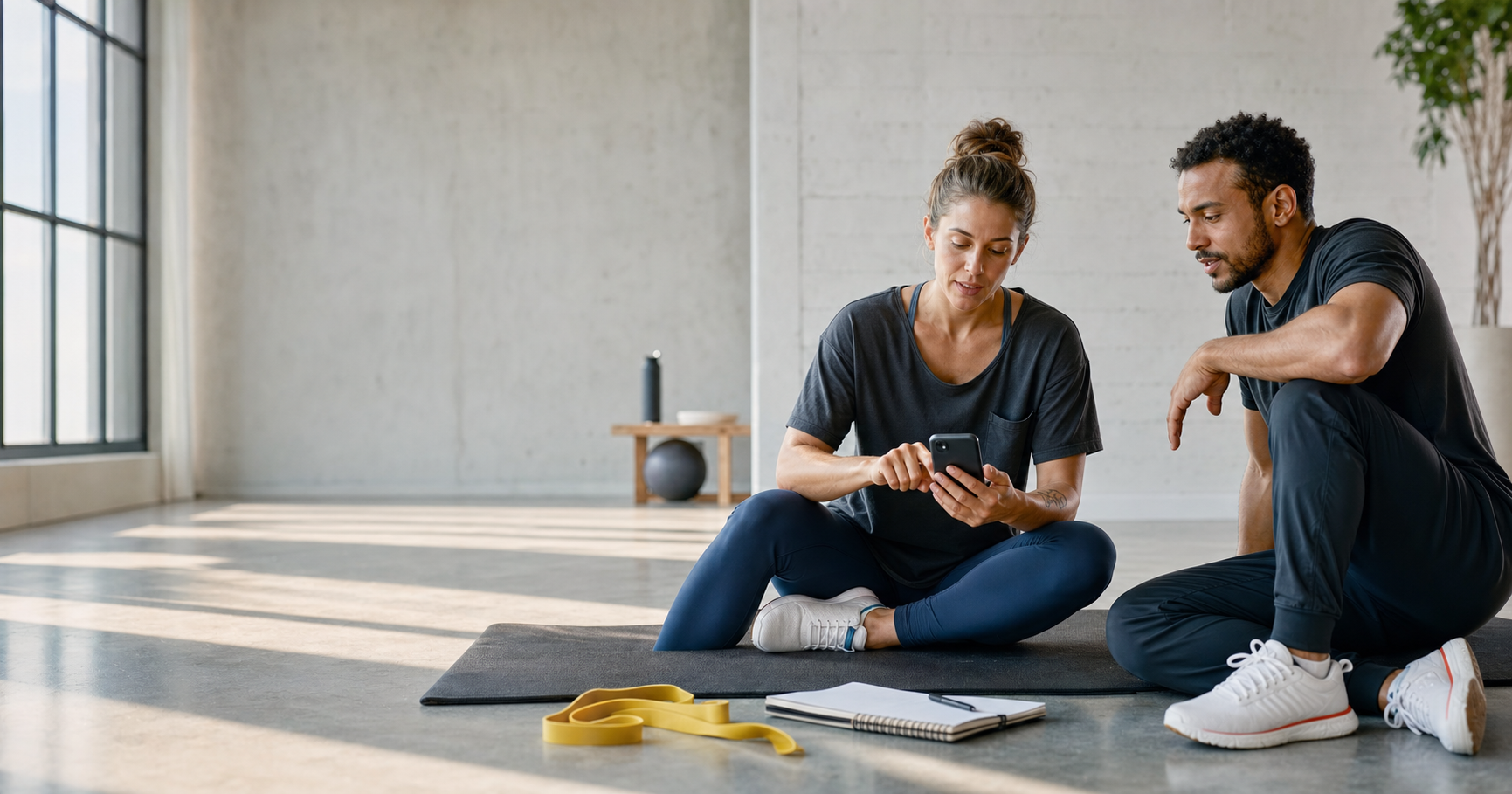 A product maker and trainer thoughtfully reviewing a fitness app together