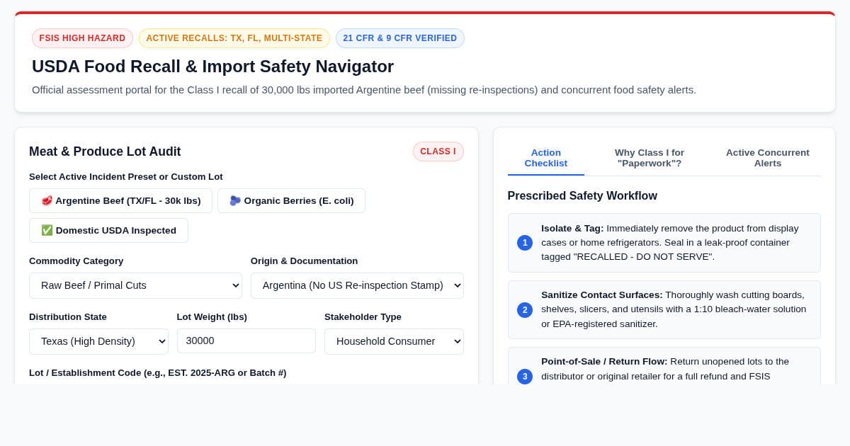 USDA Recall & Import Safety Navigator | Beef & Produce Alert Workbench preview