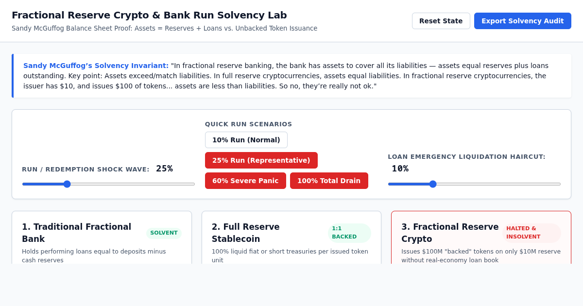 Fractional Reserve Crypto & Bank Run Solvency Lab preview