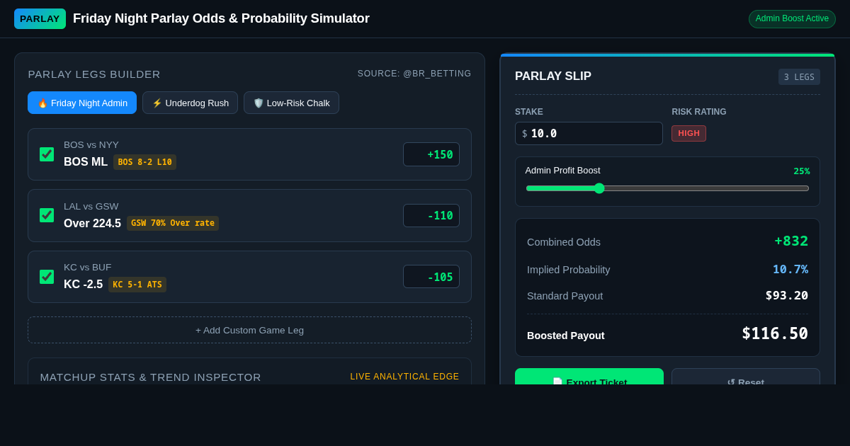Friday Night Parlay Odds & Probability Simulator preview