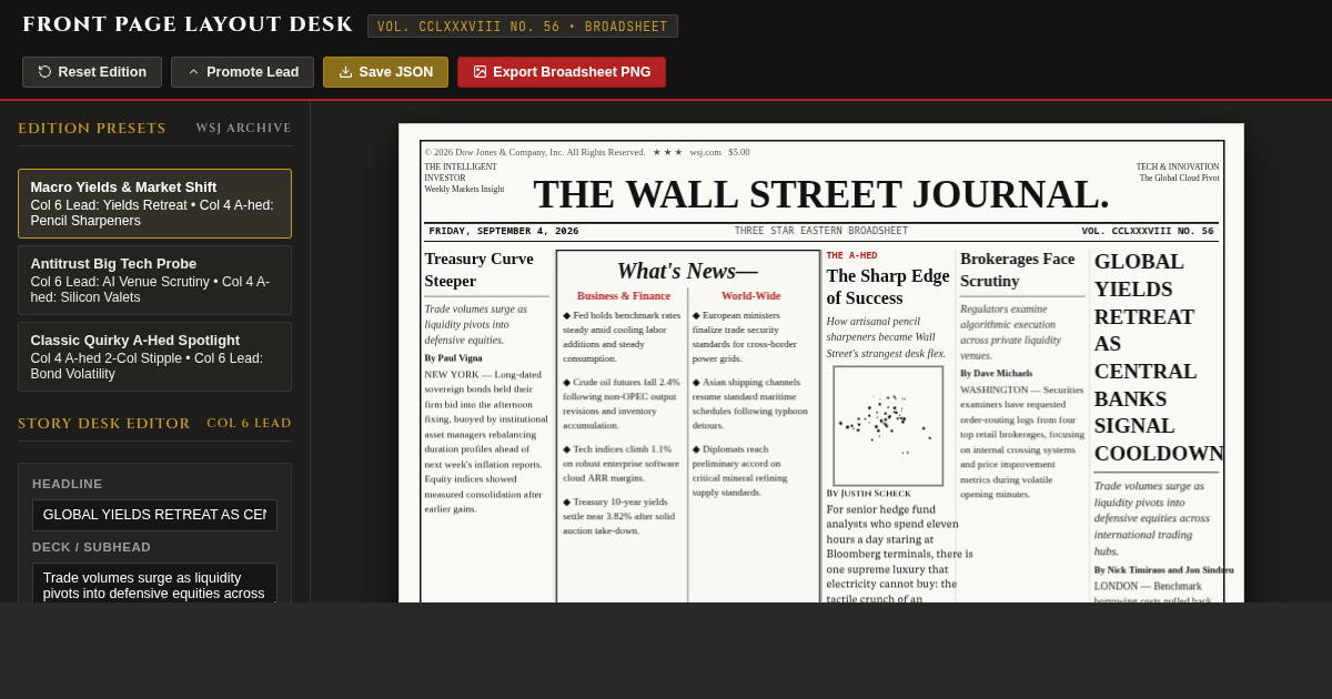 Front Page Layout Desk: The Wall Street Journal Broadsheet Studio preview